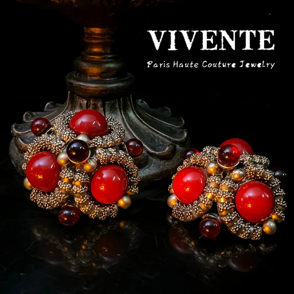 Delicate Coral Red Earrings Copper Plated Genuine Gold Vintage Court Style Elegant Earrings