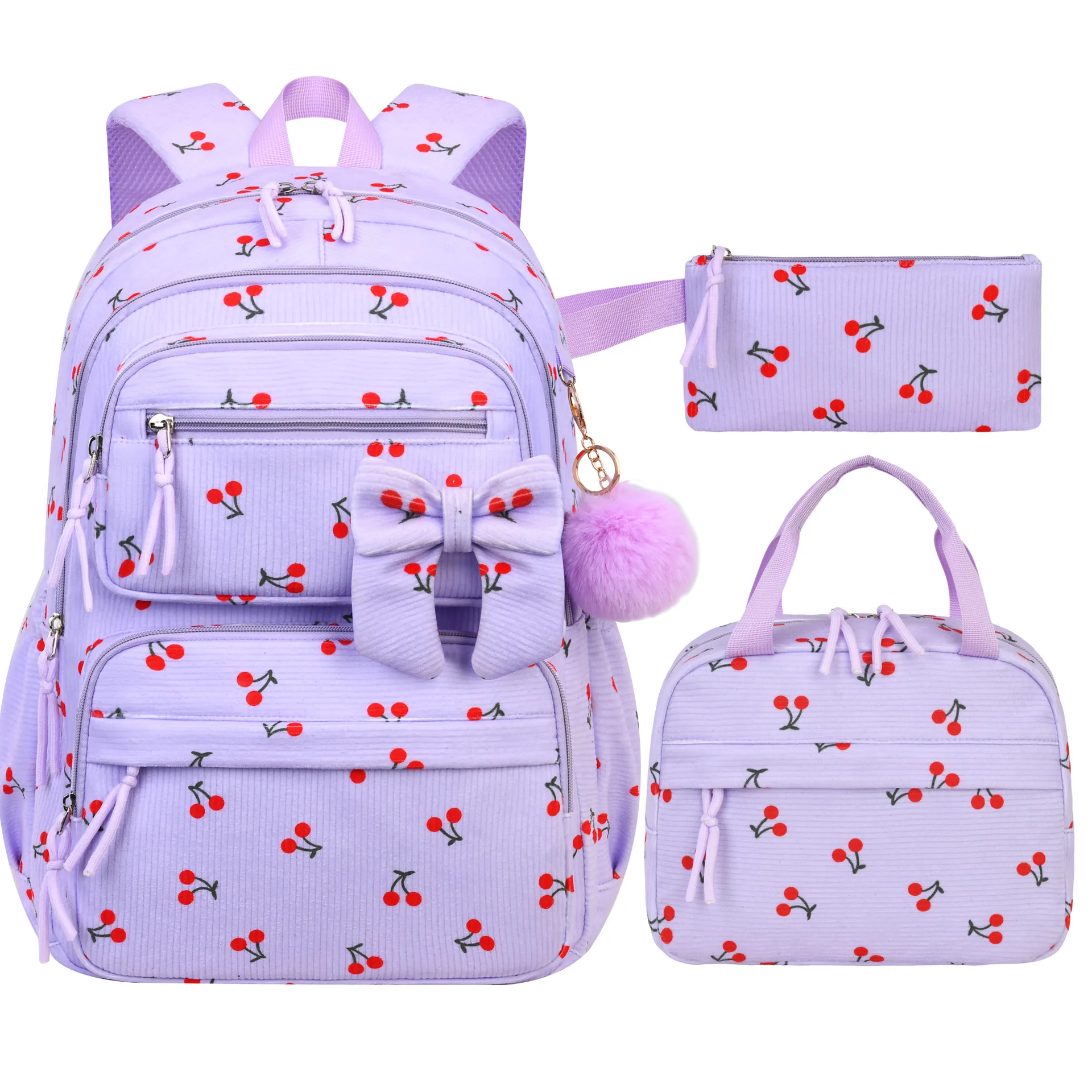 3pcs/set School Backpack for Girls Cherry Pattern Primary School Girl Corduroy Backpack Kids Bookbag Lunch Bag Pencil Bag Set