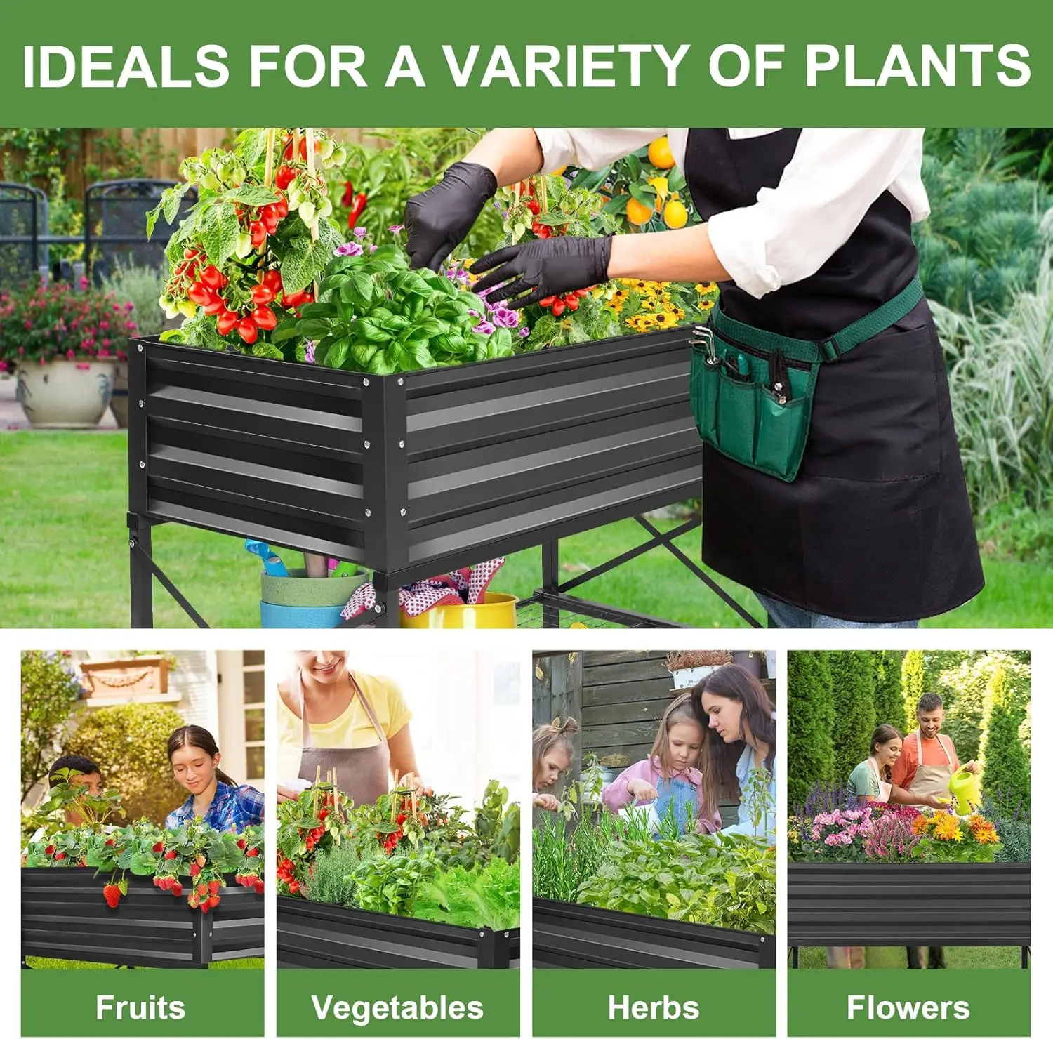 収納棚と保護ライナー付きの高床式プランターボックス