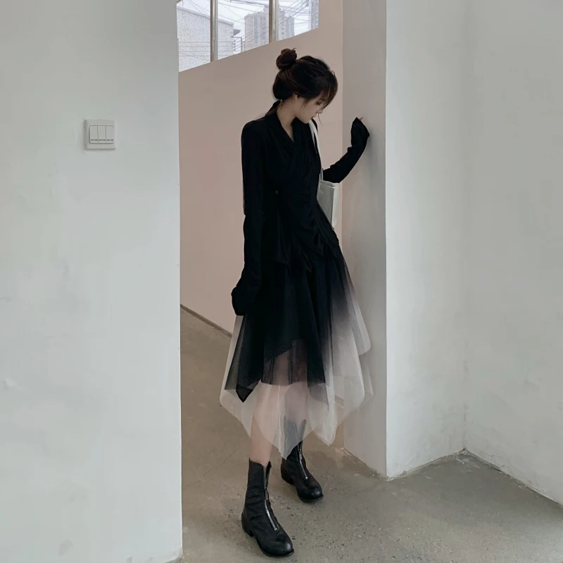Dark Chic Gauze Japanese Irregular Black White Skirt 2025 New Fashion Girl Spring Autumn High Waist A-line Versatile Long Skirts