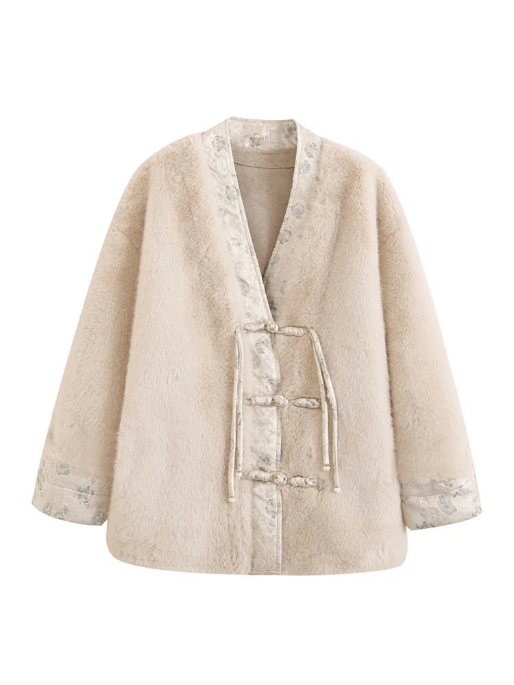 따뜻한 여성용 모피 코트 새로운 중국 스타일 친환경 밍크 외투 겨울 국가 스타일 플러스 V넥 버튼형