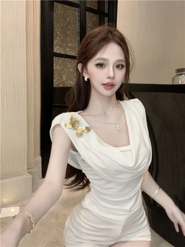 Gagarich Retro Butterfly Brooch One Shoulder Swing Collar Sleeveless Top Summer Pure Desire To Slim Waist Vest Women