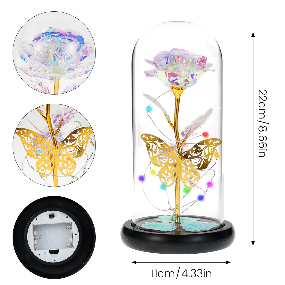 Faux Galaxy Rose Light with butterflies and colorful LED glass rose battery powered wedding gift Mother's Day Valentine's Day