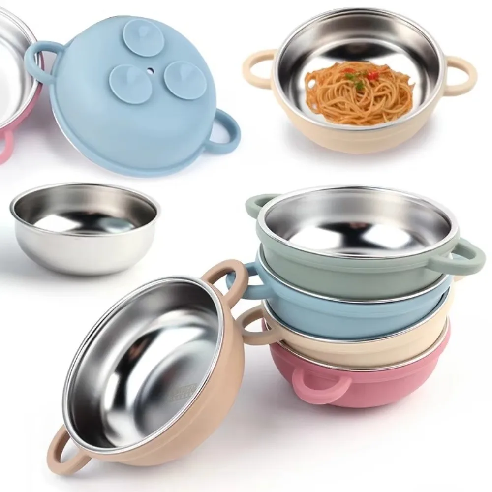 304 Stainless Steel Baby Feeding Bowl Easy to Clean Silicone Suction Base Kids Tableware Divided Design Heat Resistant