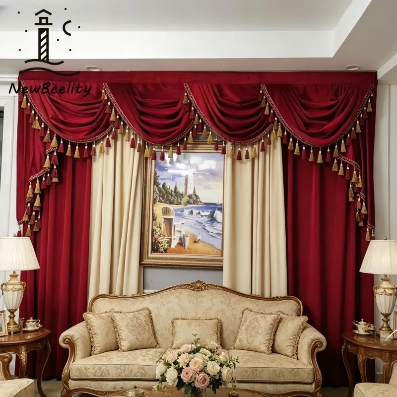 New Luxury European Style Valance Red Spliced ​​velvet Curtains for Living Dining Room Bedroom Custom Size Elegant Decoration