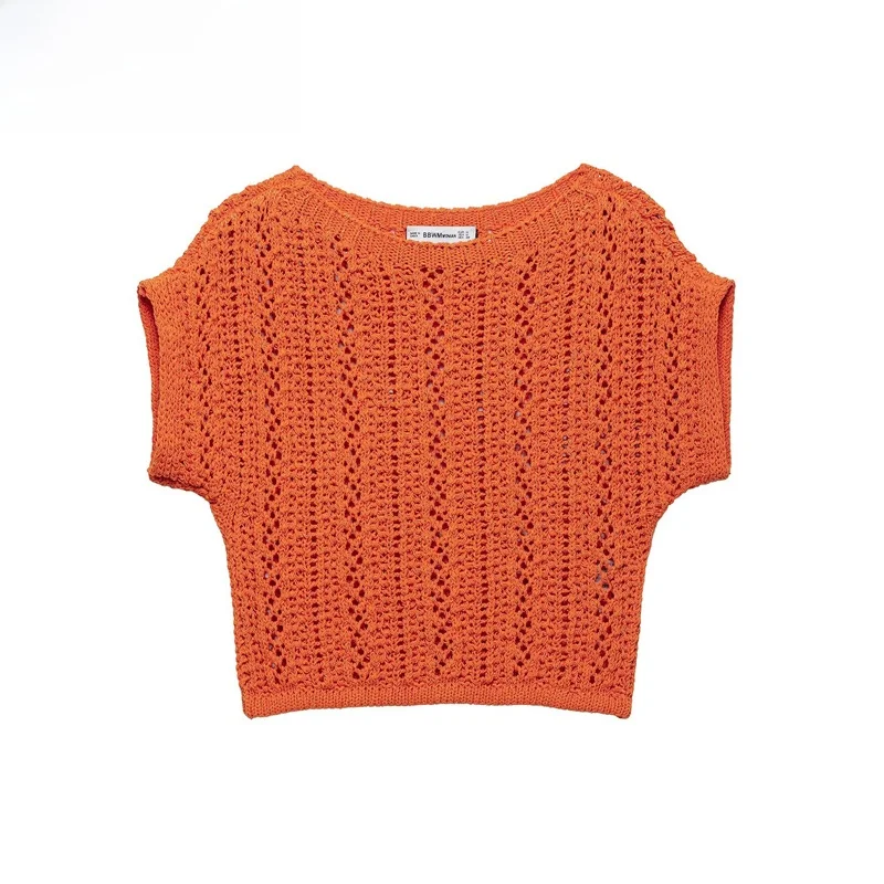 

ZBZR Spring New Women's Faionable Knitted Hollow out round Ne ort Top Versatile Sle Slim Fit Polyester Fiber irt