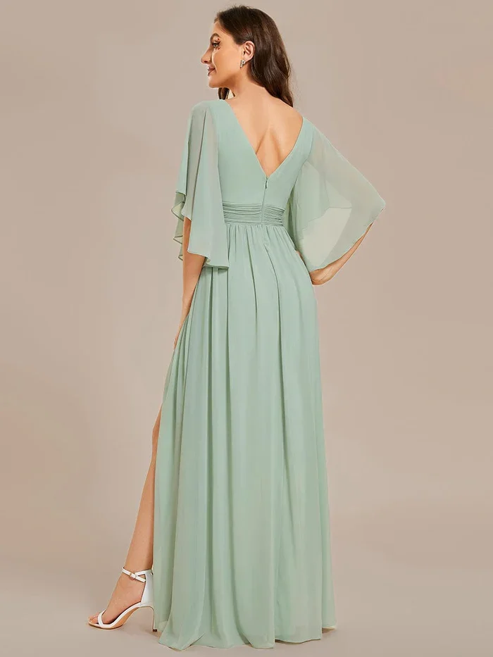 Sempre bonita-vestido de dama de honra chiffon plissado, cor verde, v pescoço, cinto, fenda alta