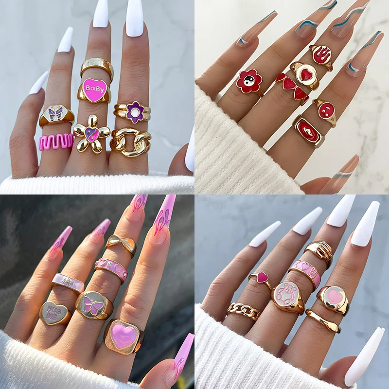 Bohemia Geometric Colorful Enamel Kunckle Ring Set For Women Butterfly Heart Sign Finger Ring Female Daily Jewelry