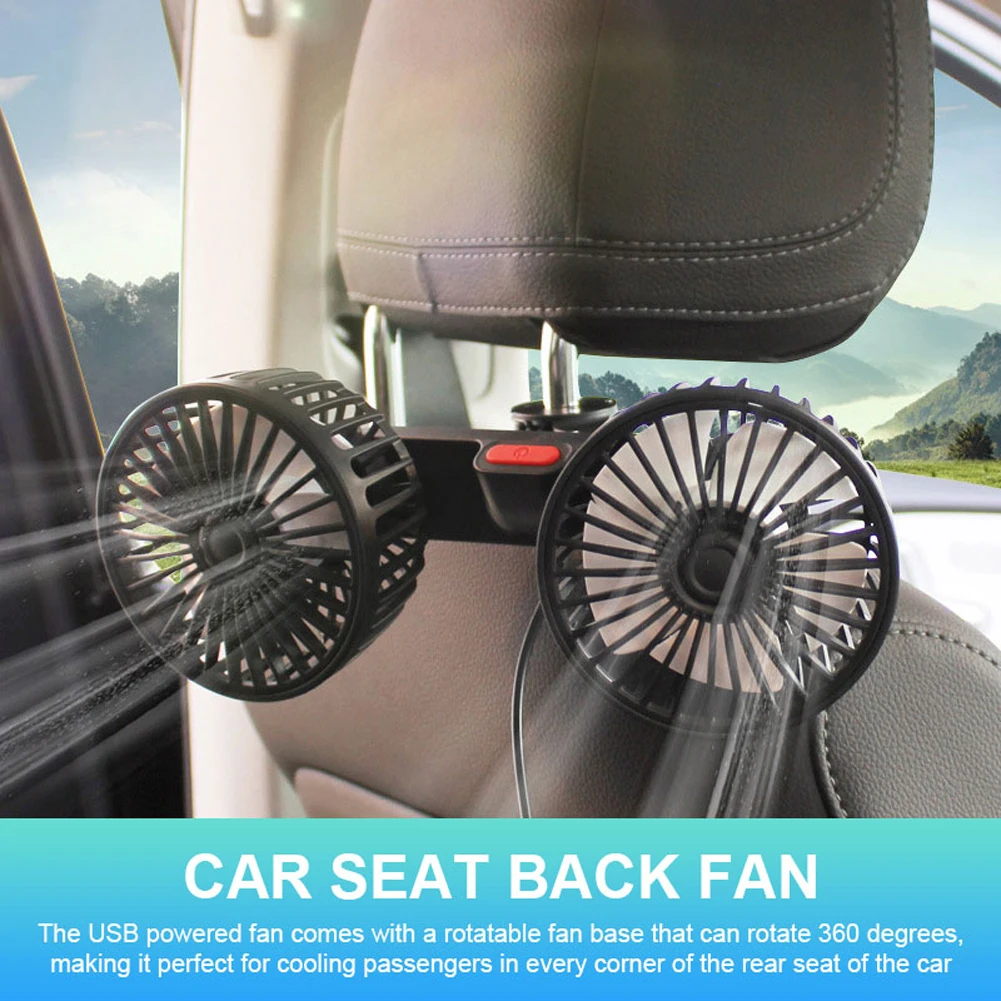 12V/24V Auto Headrest Ventilation Fan USB Charging Car Powerful Fan Dual Head 360 Degree Rotation for Vehicle SUV for Auto Sedan