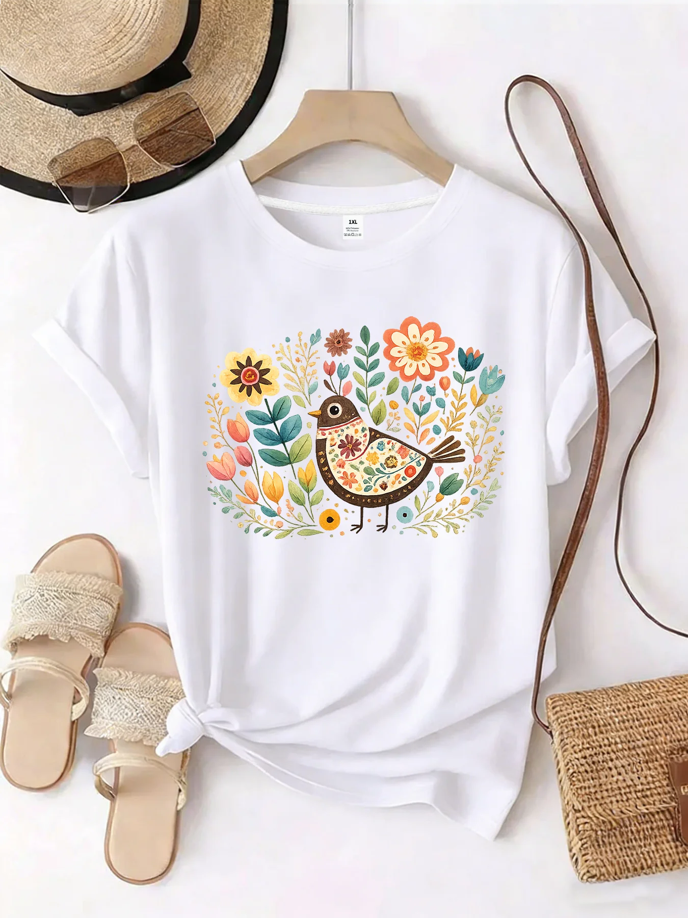 

【WZM101390】Bird print plus size women's round neck summer casual short sleeved street fashion versatile T-shirt