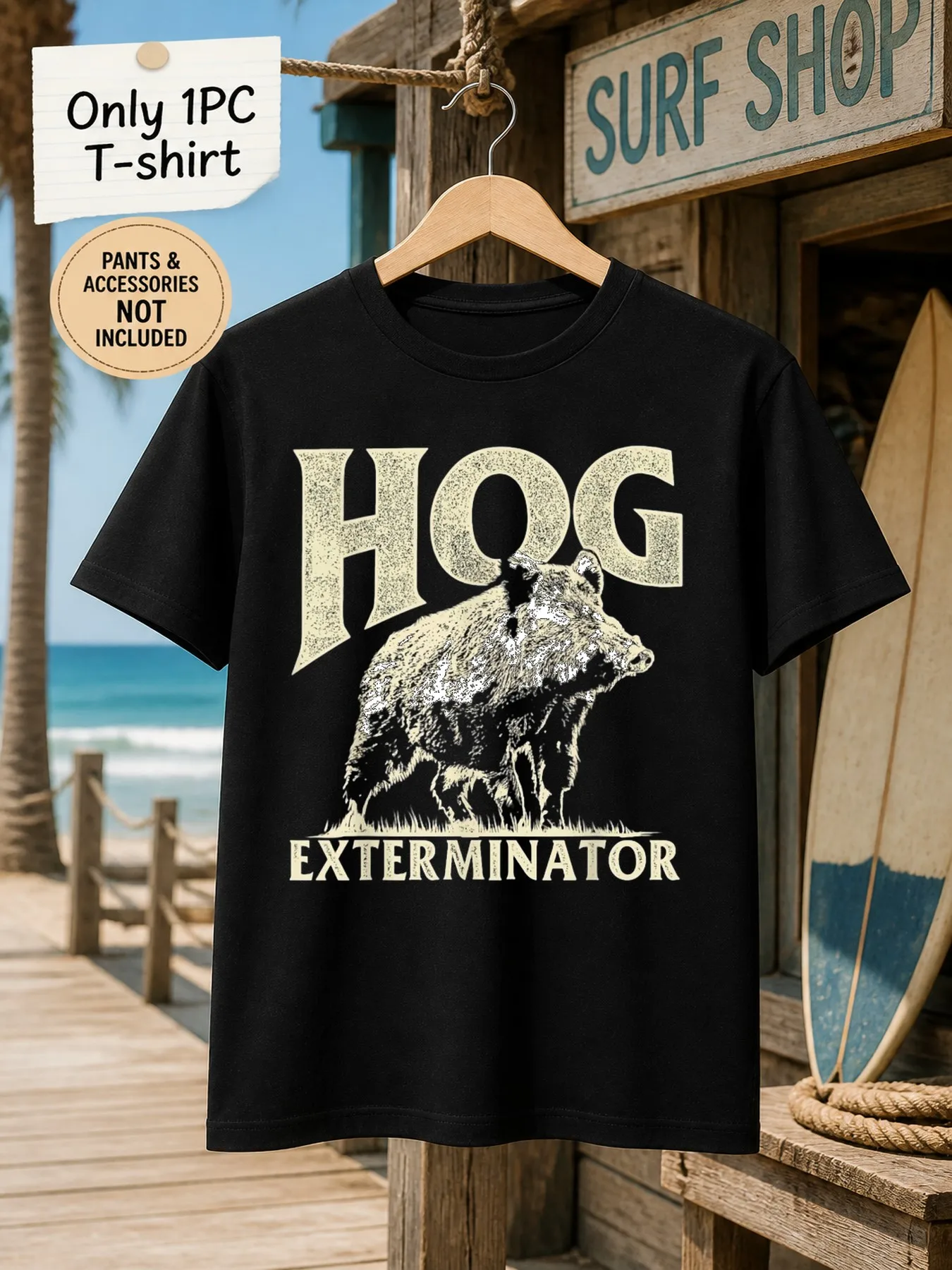 1pc Mens Graphic T Shirt Hog Exterminator Short Sleeve Crew Neck[solely 1pc T-SHIRT]