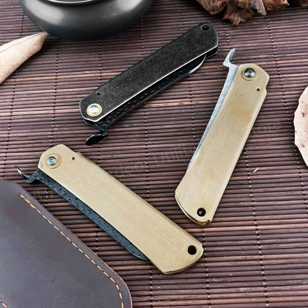 Hot Higonokami Folding Pocket Knife Damascus Steel Blade Brass Handle Outdoor Survival Knife Hunting Hiking Cutting Fruit Knife