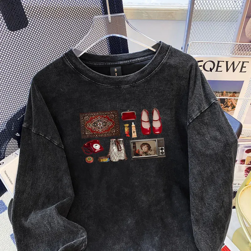Women Vintage Washed Long Sleeve T Shirt Retro Old Objects Collage Print Crew Neck Oversized Casual Streetwear Graphic Tee