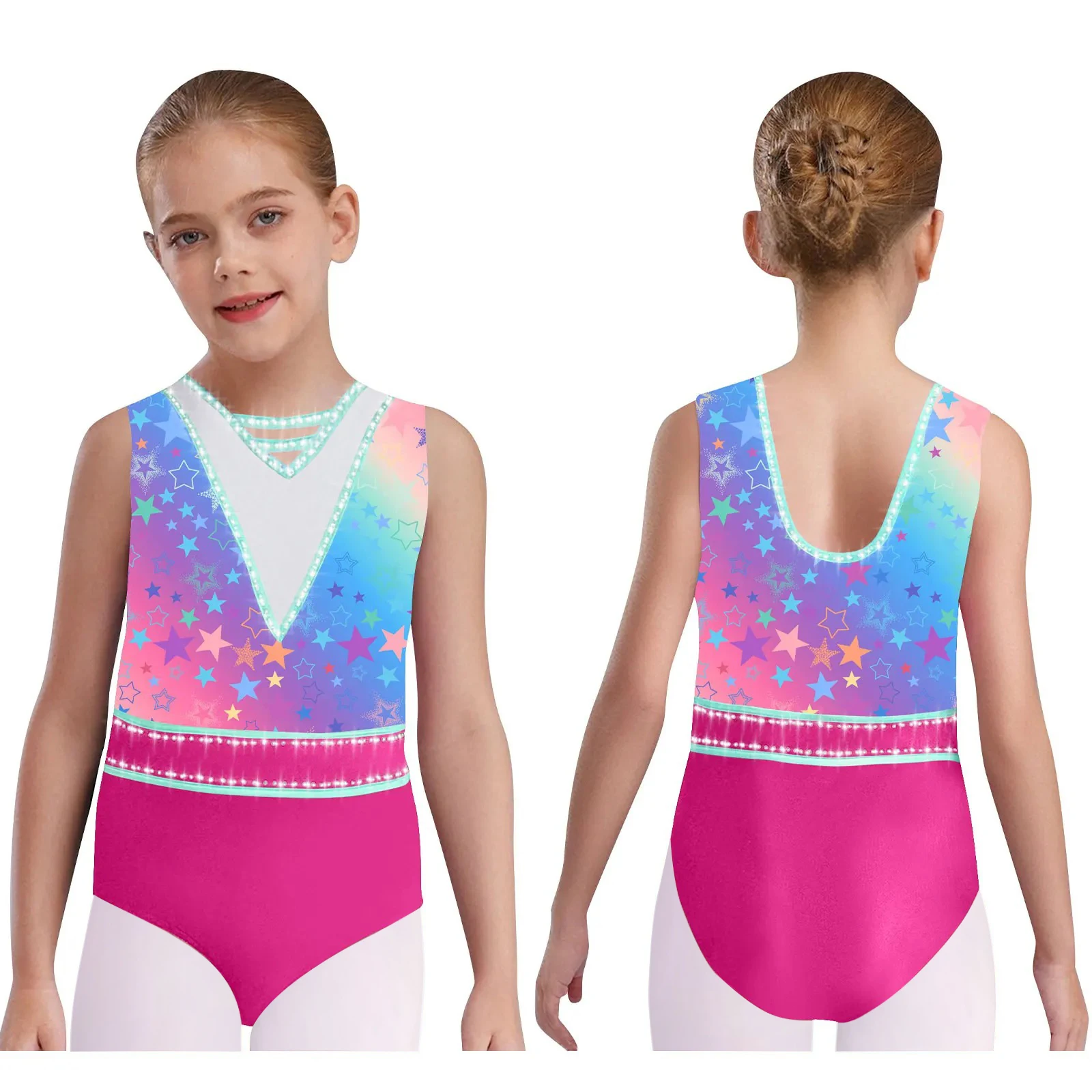 3 قطعة/المجموعة أطفال بنات الجمباز الباليه الرقص الزي موضة مطبوعة الخامس الرقبة U-الظهر أكمام الراين يوتار + السراويل + هيرباند