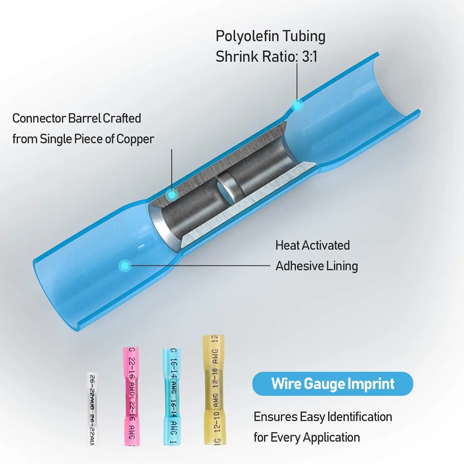 600 PCS Heat Shrink Butt Connectors Kit, AWG 24 – 10 4 Sizes Butt Splice, Insulated Waterproof Electrical Wire Crimp Terminals