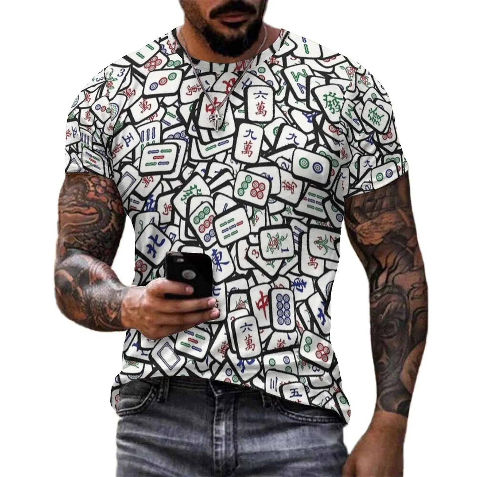 Dense Scattered Mahjong Tile Print T Shirt  Cool T-Shirts Men Basic Tshirt Beach Short-Sleeve Pattern Tees Plus Size
