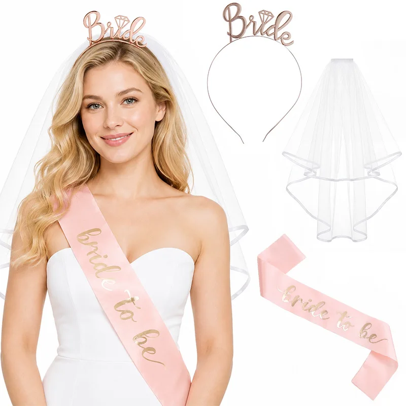 Conjunto de 3 peças de acessórios para festa de noiva: faixa de noiva com tiara e véu para despedida de solteira, itens para chá de panela e decorações de casamento
