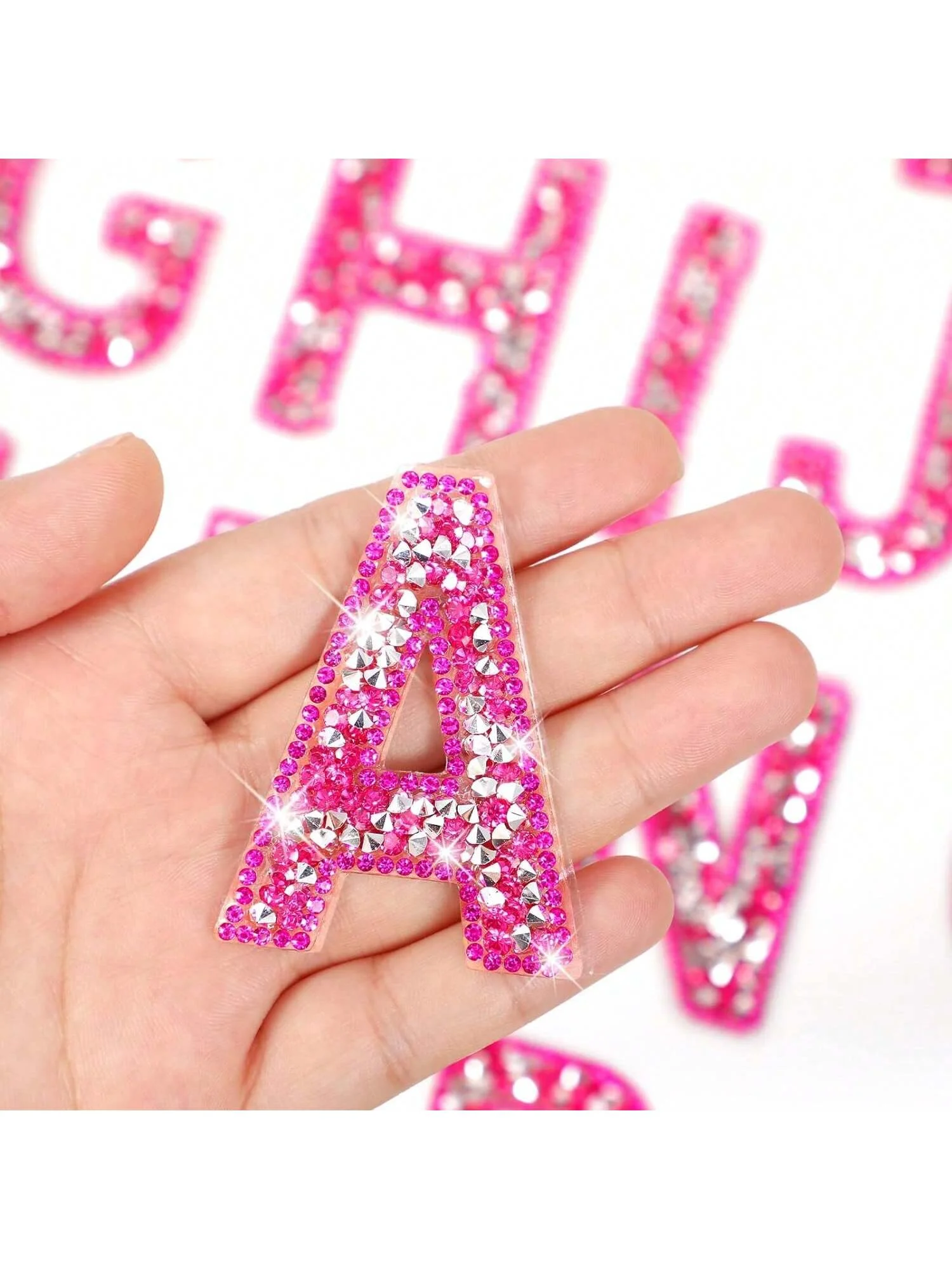 Rhinestone Iron On Patch Initial A-Z Pearl Bling Rhinestone Letter Patch Glitter Alphabet Rhinestone Pearl English Letter(Pink)