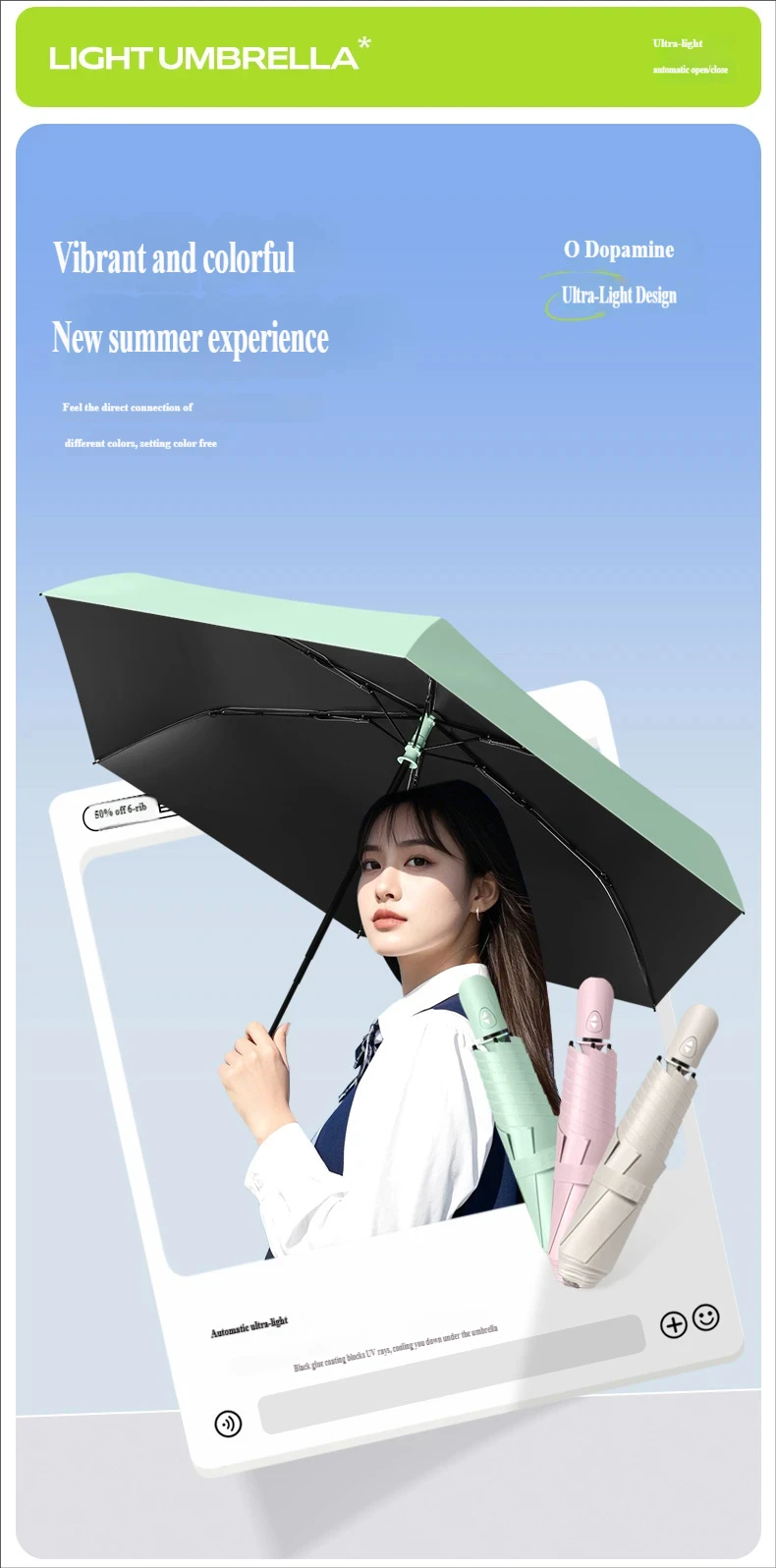 Ultra-light 3-fold Automatic Black Glue Sun Umbrella, UV Protection, Compact & Portable, Dual-use Sun and Rain Umbrella