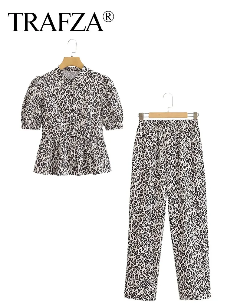 TRAFZA Summer Vintage CozyLeopard Print 2 Piece Sets Short Puff Sleeves O-Neck Top+Elastic Waist Straight Pants 2024 Street Suit