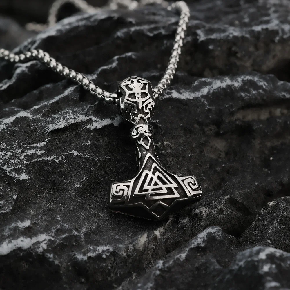 Viking Thunder Hammer Stainless Steel Men's Jewelry Legendary Rune Retro Style Titanium Steel Necklace Holiday Gift