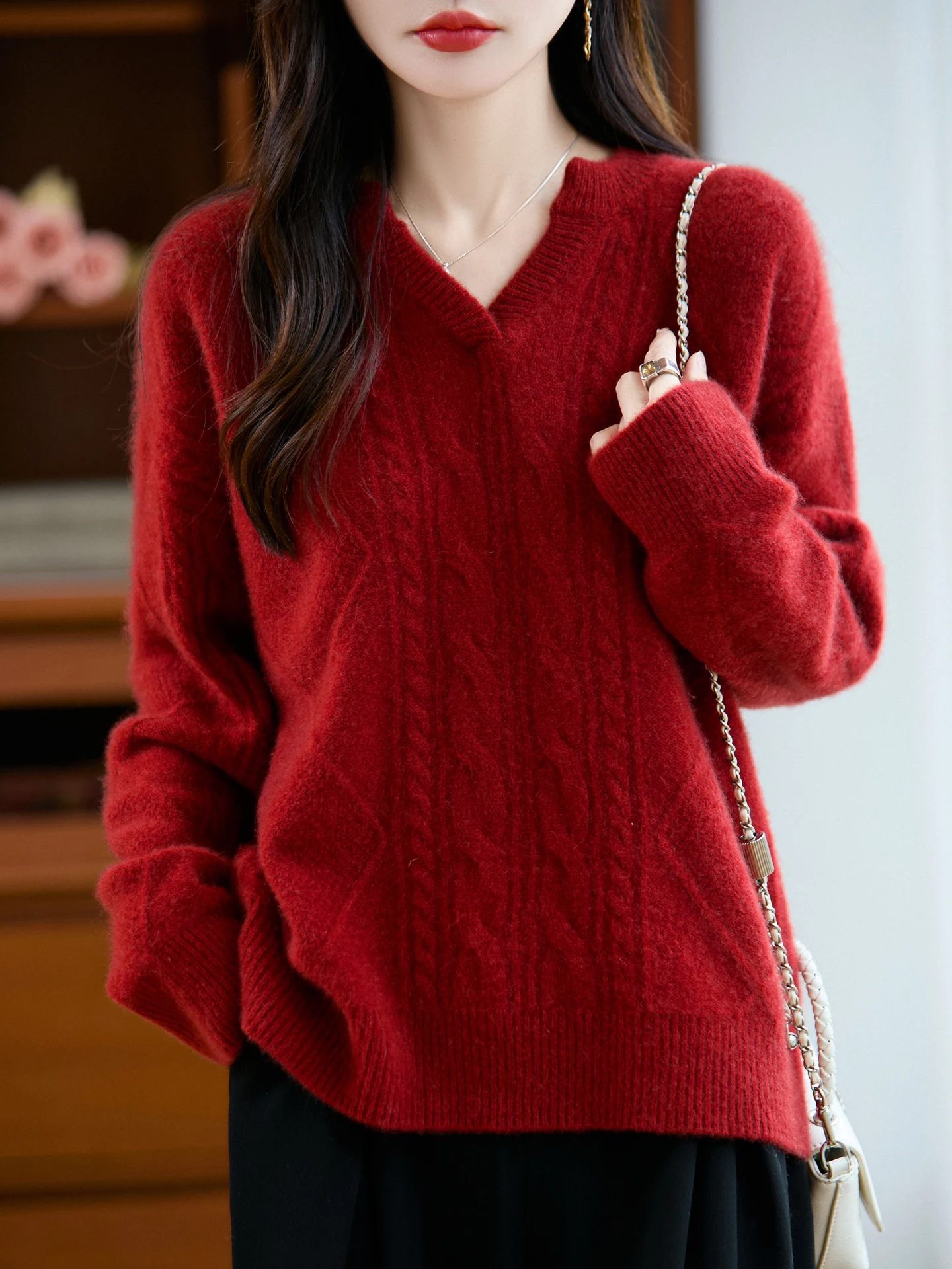 TLOML New Women V-neck Cable Knit Pullover Thick Cashmere Sweater Casual Loose 100% Merino Wool Knitwear Autumn Winter Warm Tops