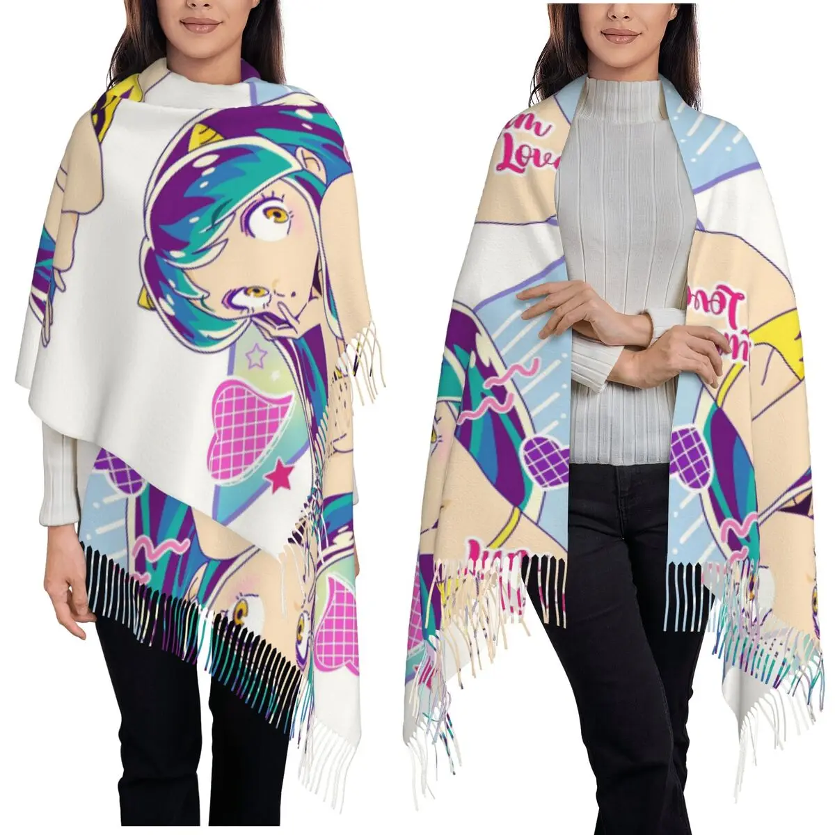 Flying Lamu Anime Urusei Yatsura Scarf Tassel Scarves Women Soft Warm Shawls and Wraps Large Fall Winter Shawl Wrap