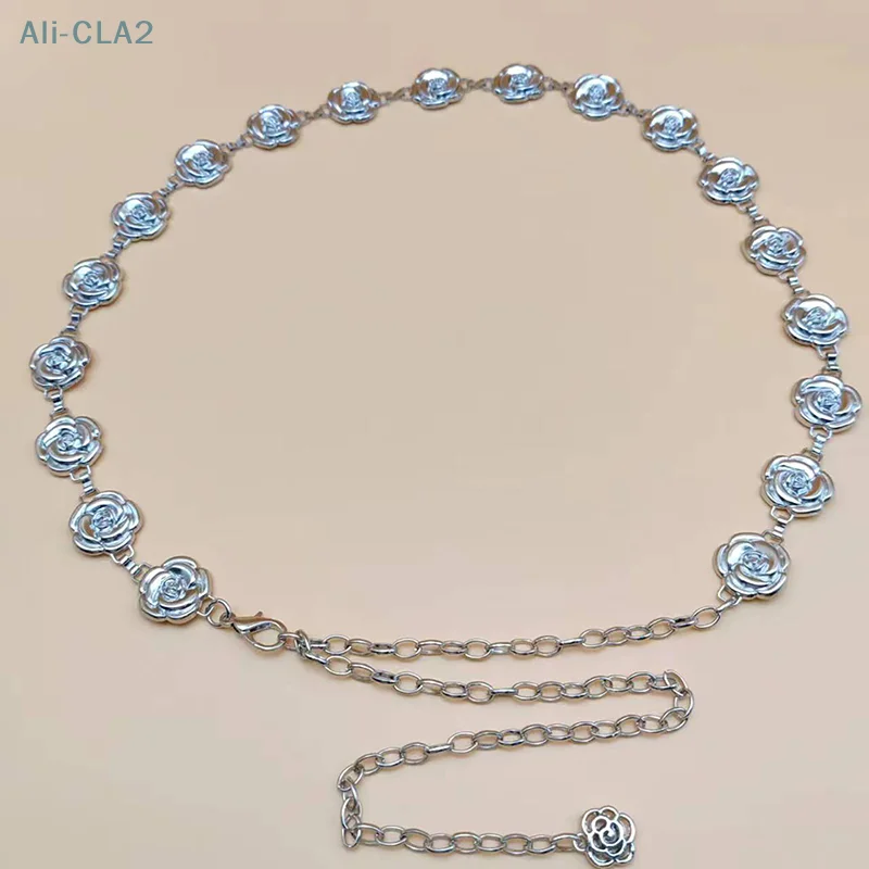 1Pc Gold Silber Farbe Rose Kette Gürtel Frauen Mode Metall Dünne Glänzende Blume Gürtel Weibliche Jeans Kleid Dekoration Gürtel