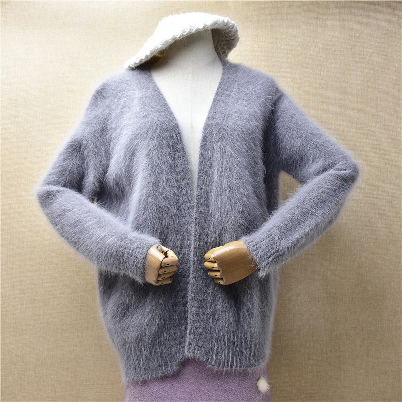 Ladies Women Spring Autumn Clothing Hairy Angora Rabbit Hair Knitted Long Sleeves Loose Cardigans Jacket Sweater Coat Mantle