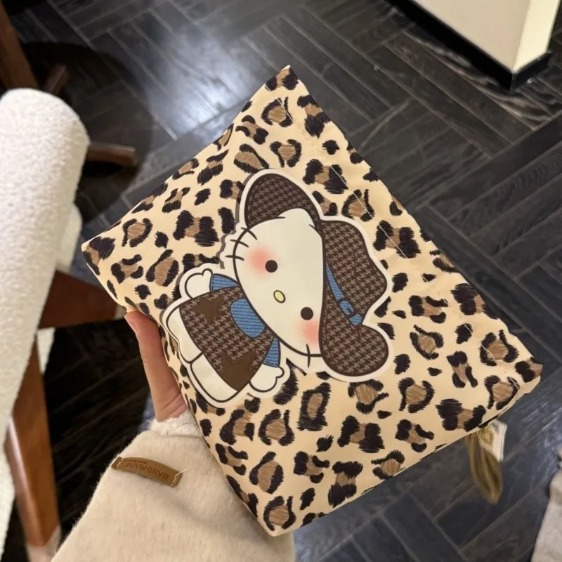 

Cartoon Hello Kitty Leopard Print Cosmetic Bag Retro Anime Large Capacity Makeup Pouch Coin Purse Stationery Storage Bag Gifts