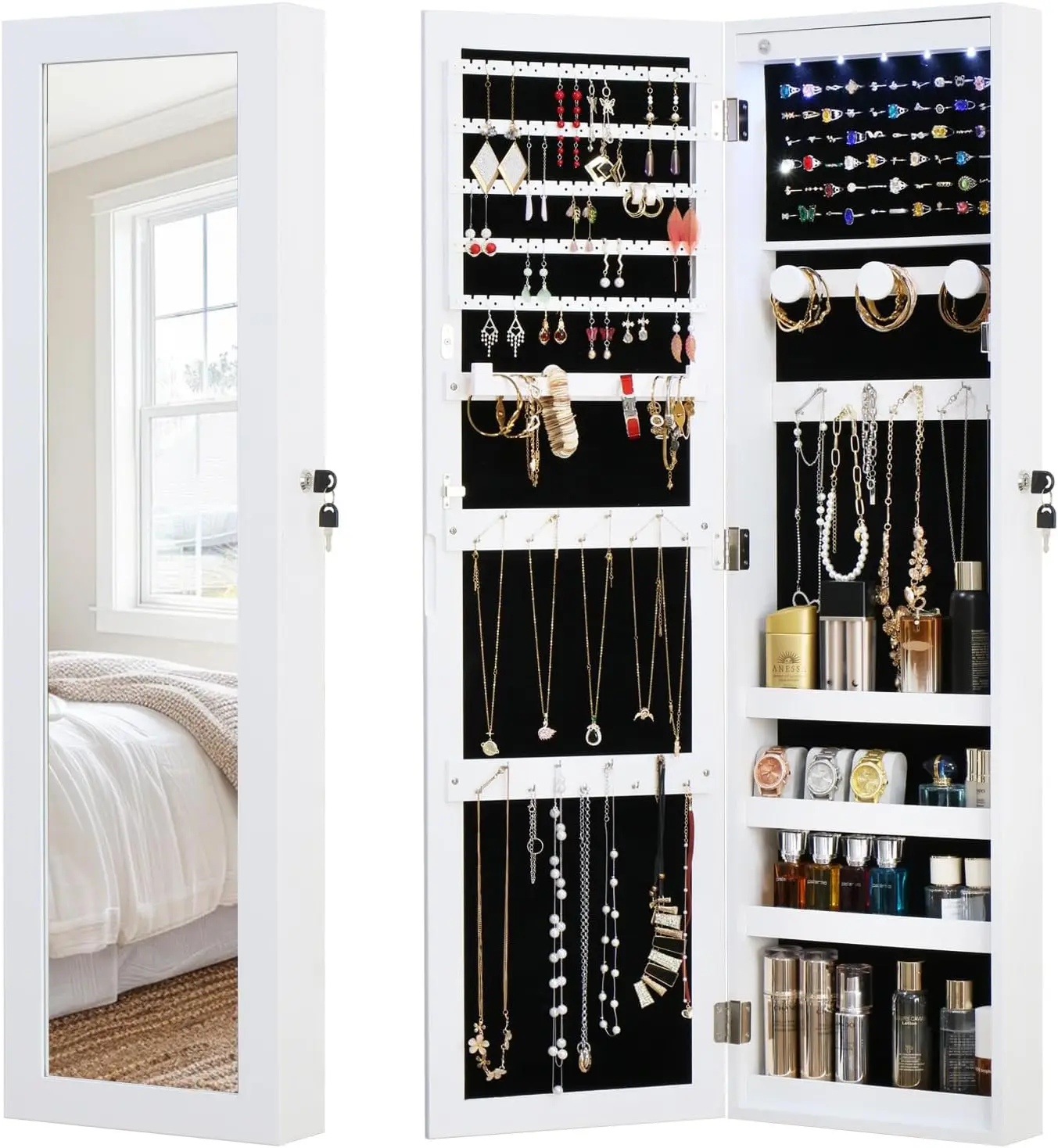 Full Length Mirror Jewelry Cabinet Organizer Lockable Door Wall-Mounted Jewelry Armoire with Shelves White