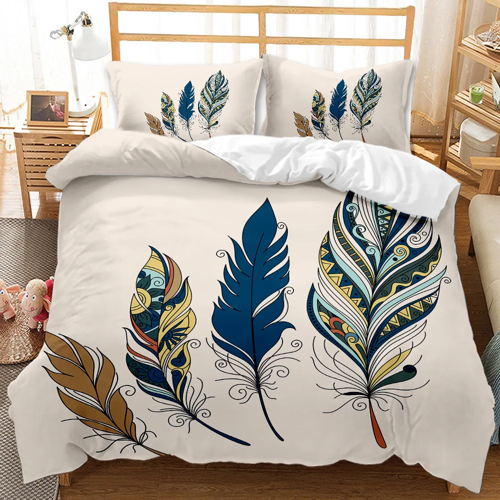 Feather Duvet Cover Set Green Dreamy Watercolor Elements Plumage Romantic Design Double Queen King Size Polyester Qulit Cover