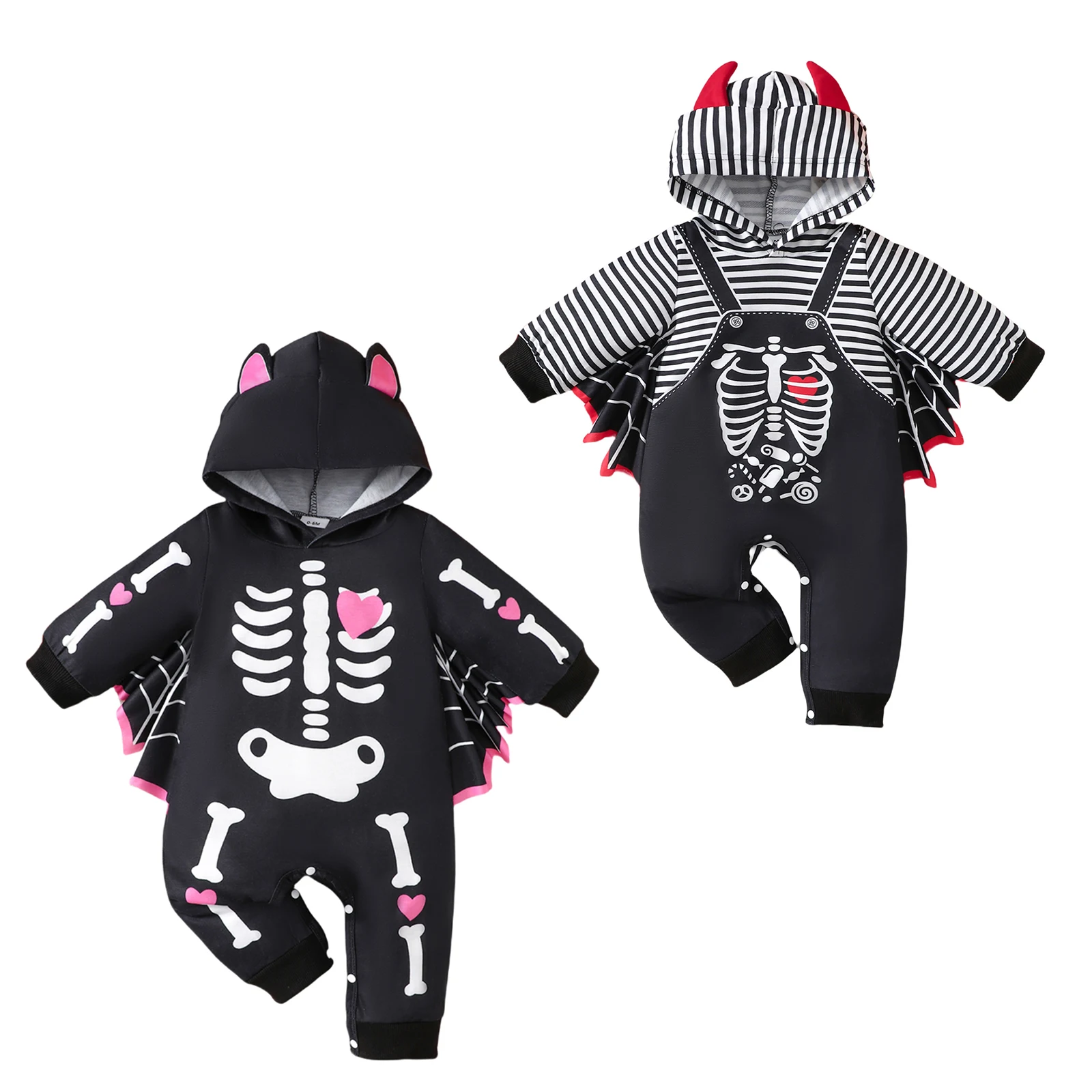 Baby Girls Boys Halloween Outfits Long Sleeve Skull Hooded Romper Cute Skeleton Print Bodysuit Carnival Party Cosplay Costume