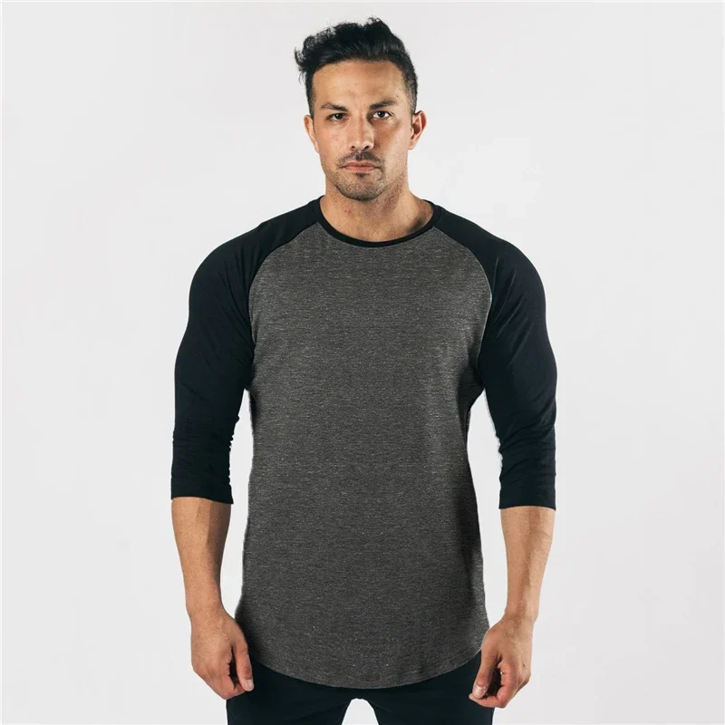 Muscleguys Autumn Fashion Three Quarter Sleeve Fitness T-shirt Men Solid Patchwork O-neck Gym T shirts Male Slim Fit Tee Shirts