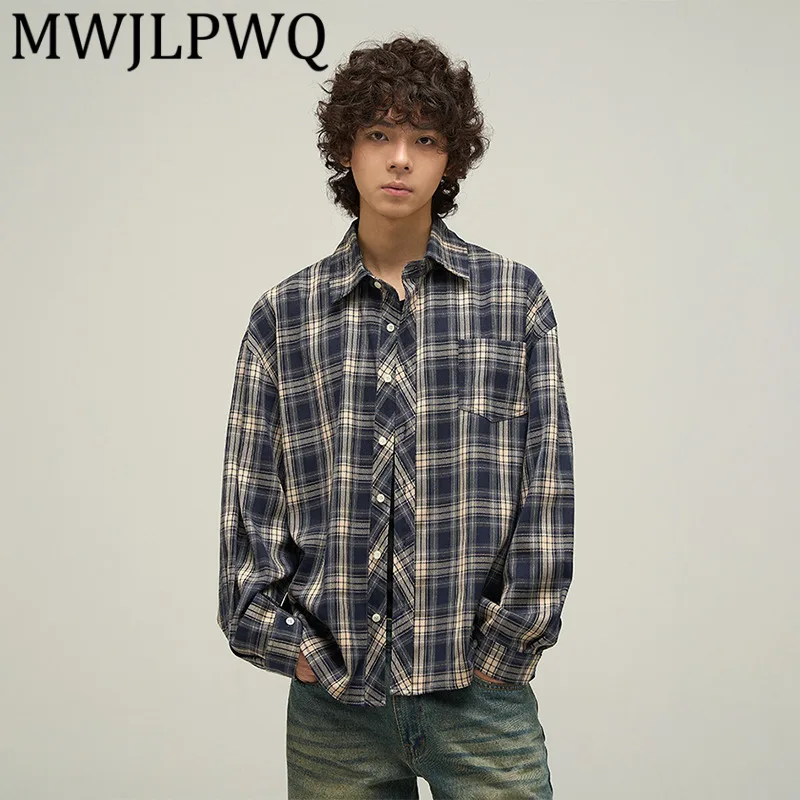 

MWJLPWQ Ретро американские рубашки в клетку с длинными рукавами, мужские элегантные однобортные уличные рубашки с лацканами, новые свободные повседневные топы 11859