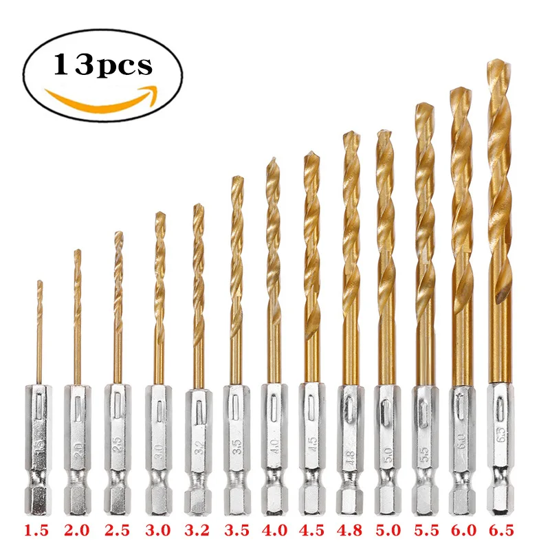 

13pcs Hexagonal Handle Twist Drill High Speed Steel Electric Drill Drilling Wood Plastic Titanium Plated Twist Drill Set