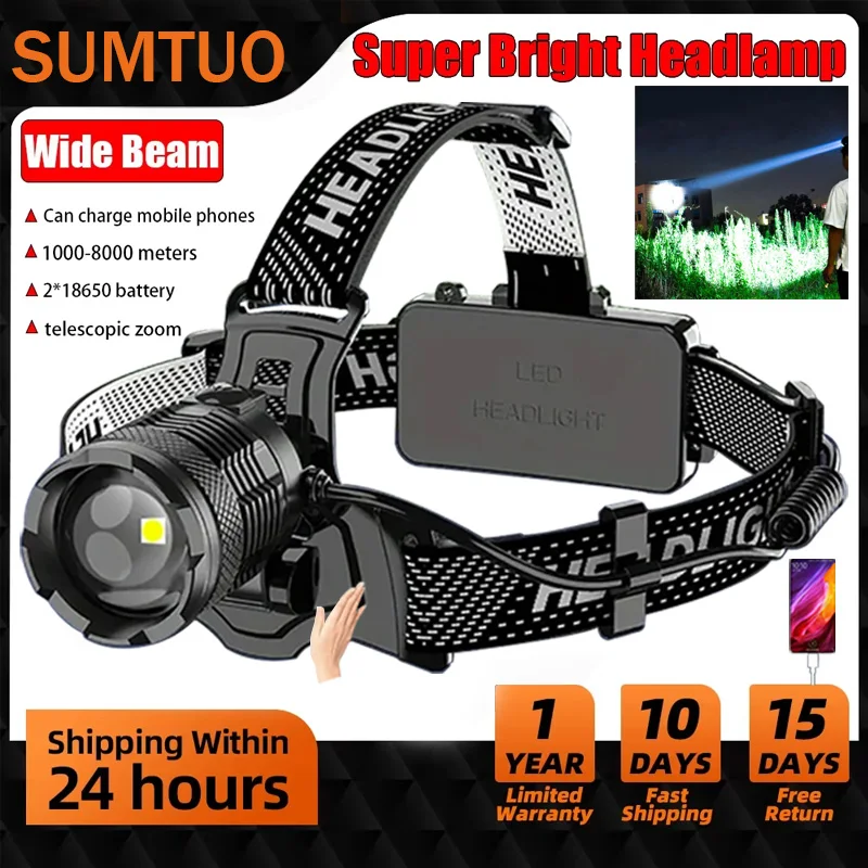 

2024 900w High Power Fishing Headlamp Rechargeable Light Headlight 99000000000lm Camping Hiking Led Flashlights As A Power Bank