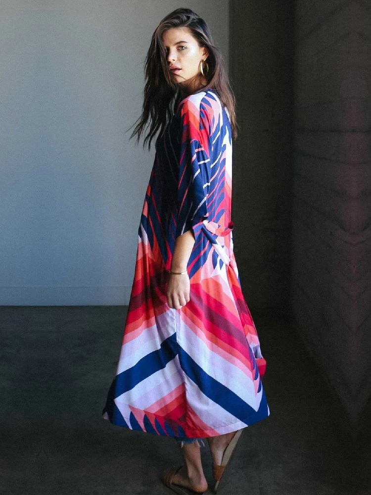 Bohemian Multicolored Print Front Open Women Beach Wear Long Dress Plus Size Three Quarter Sleeve Mid-Calf Cotton Kimono Q571