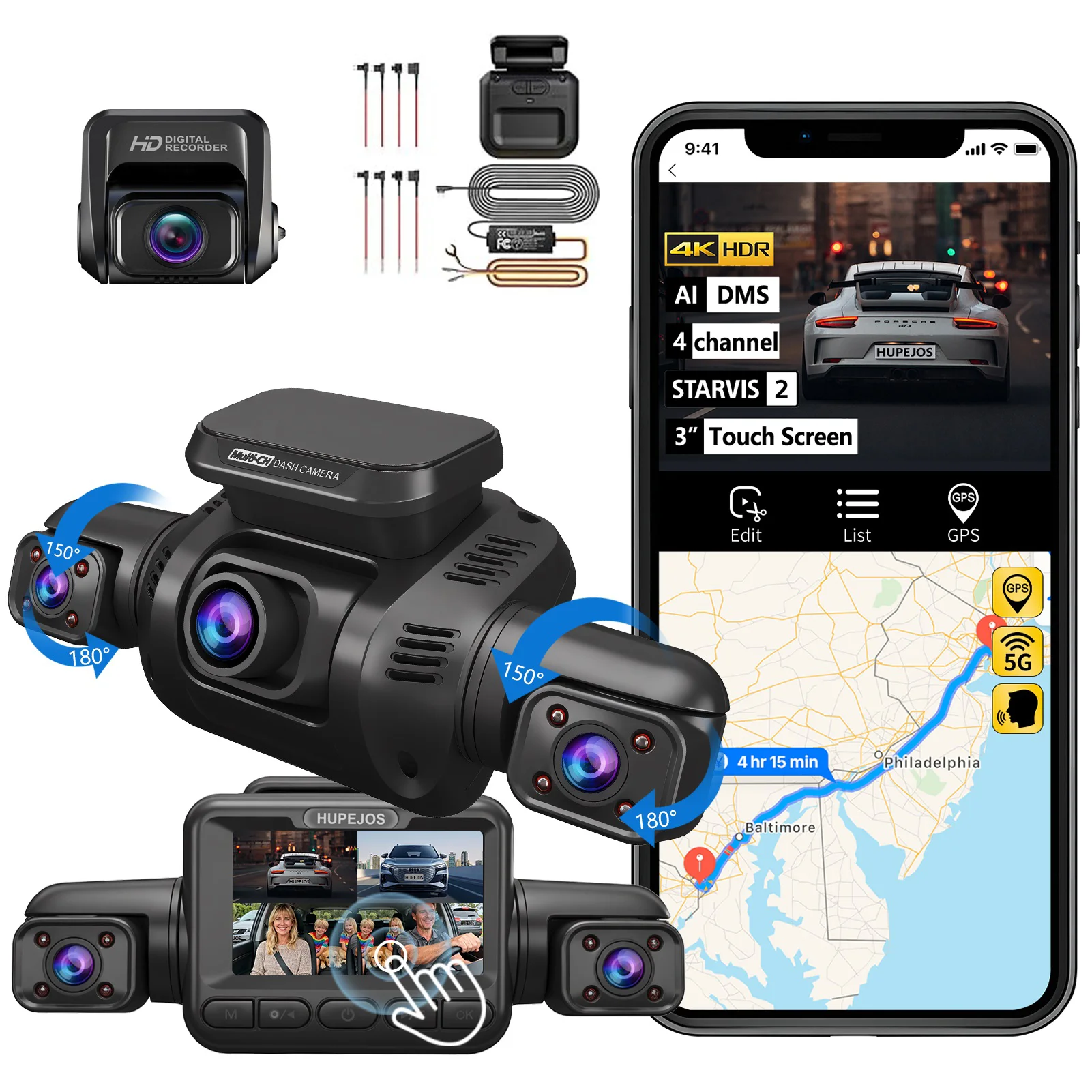 HUPEJOS V8Max-4CH STARVIS 2 HDR IMX675 360 °   4K Dash Cam met AI DMS Ingebouwde GPS WiFi-spraakbediening, 3 "touchscreen, parkeermodus