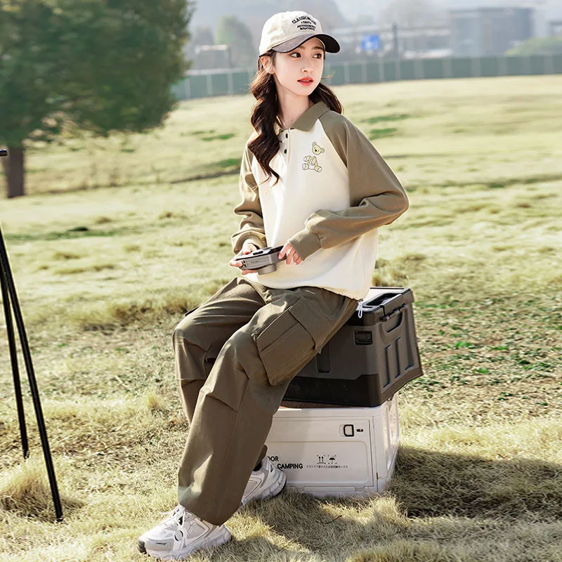 2024 New Girls Casual Sweatshirt Cargo Pants Two Piece Set Korean Fashion Solid Patchwork Sports Children Sets Over 8 Years Old - Image 2