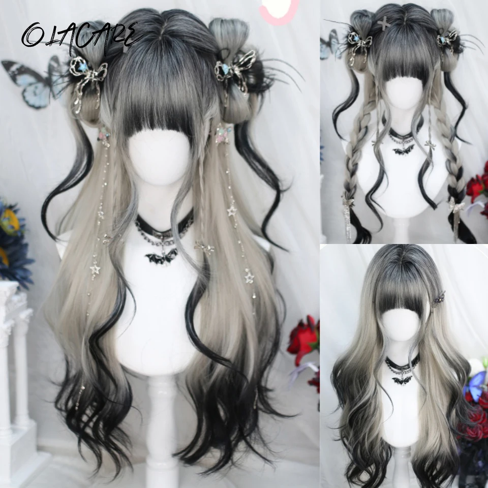 LM Long Body Wave Black And Gray Ombre Cosplay Wigs Heat Resistant Synthetic Wigs Bangs Natural Lolita Wigs For Women Halloween