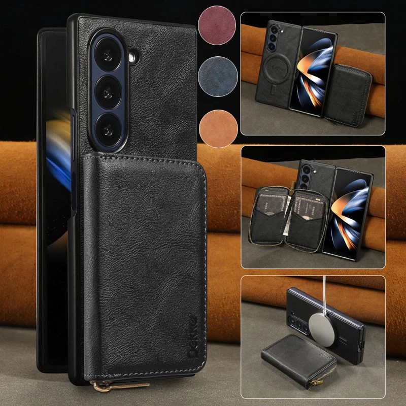 

Magnetic Phone Case For Samsung Galaxy Z Fold6/Z Fold5/Z Fold 4 Solid Color Phone Cover With Detachable Zipper Wallet Card Bag