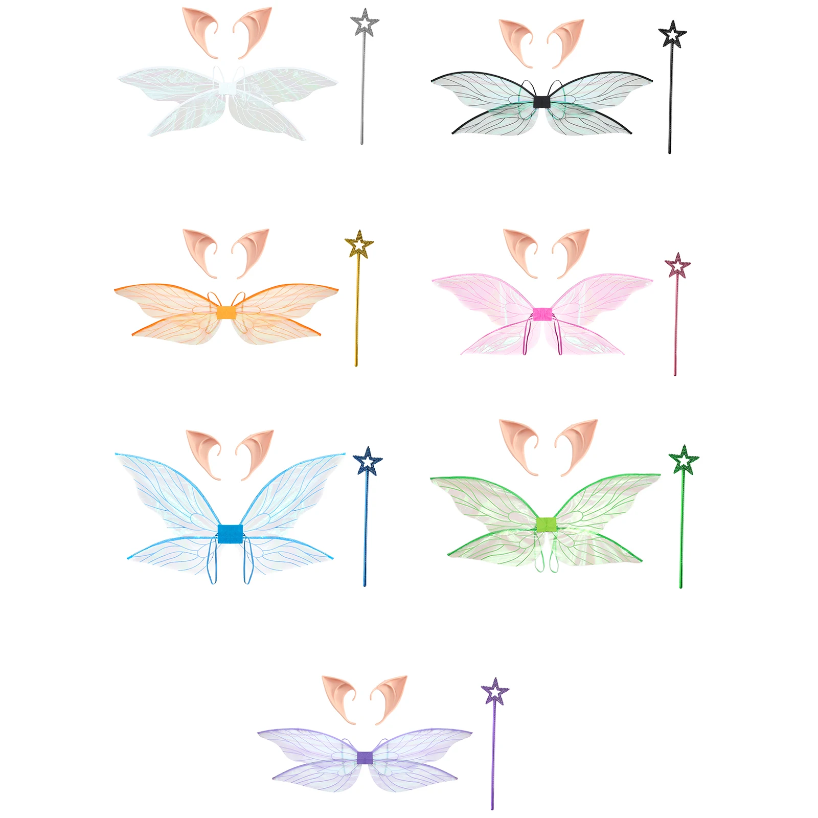 Zestaw akcesoriów do odgrywania ról na Halloween Brokatowe skrzydła wróżki z uszami elfa i różdżką gwiazdą – rekwizyty do nowatorskich imprez cosplay dla dorosłych i dzieci