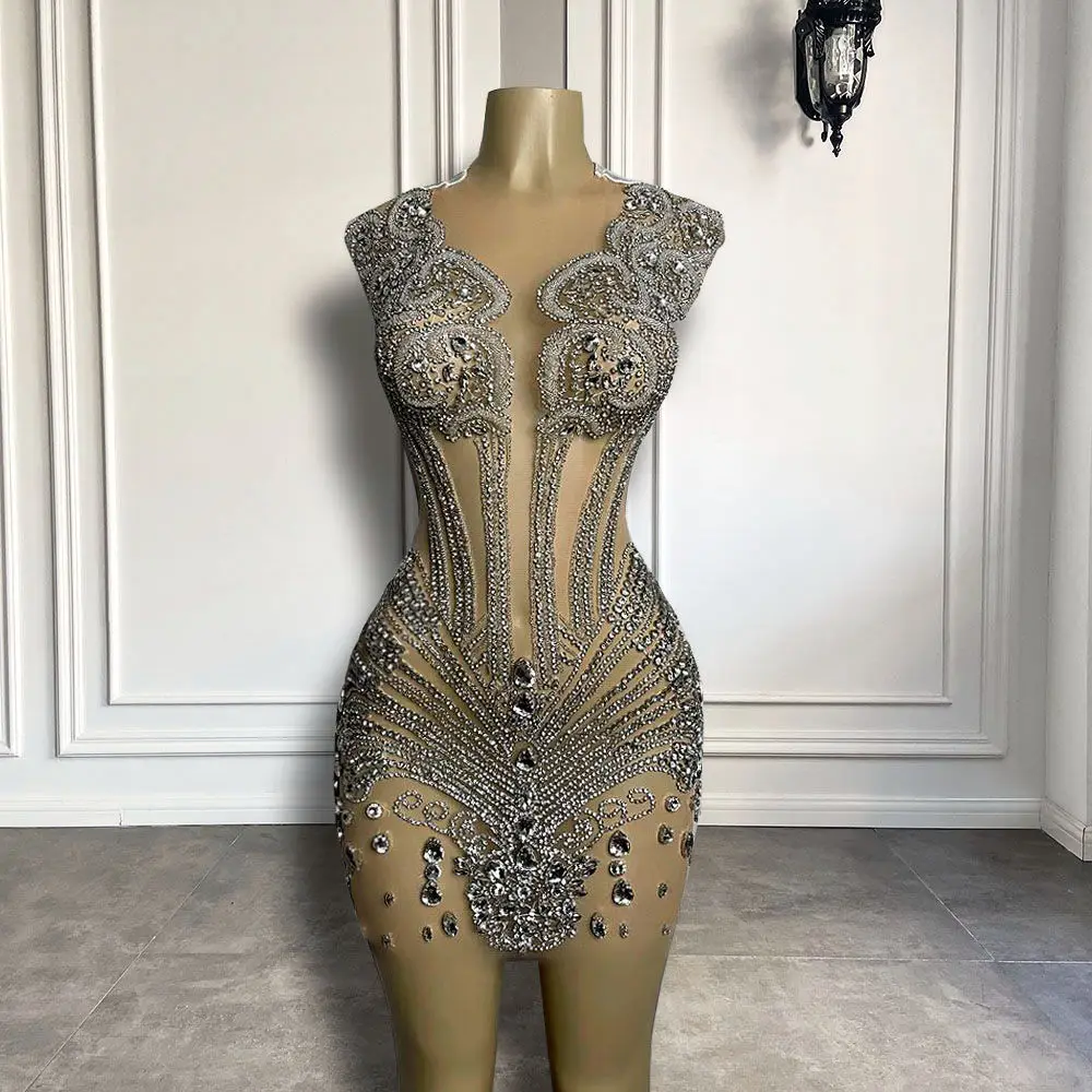 

New Arrival Sheer O-neck Women Birthday Party Gowns Luxury Silver Beaded Crystals African Women Short Prom Dresses 2025