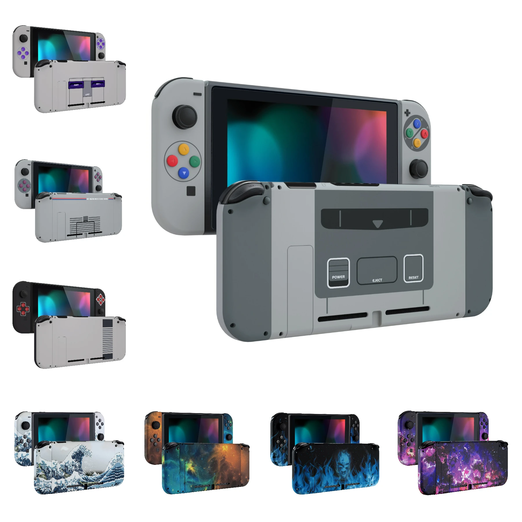 eXtremeRate Carcasa de placa trasera de consola con estampado personalizado y botones de juego completos para Nintendo Switch