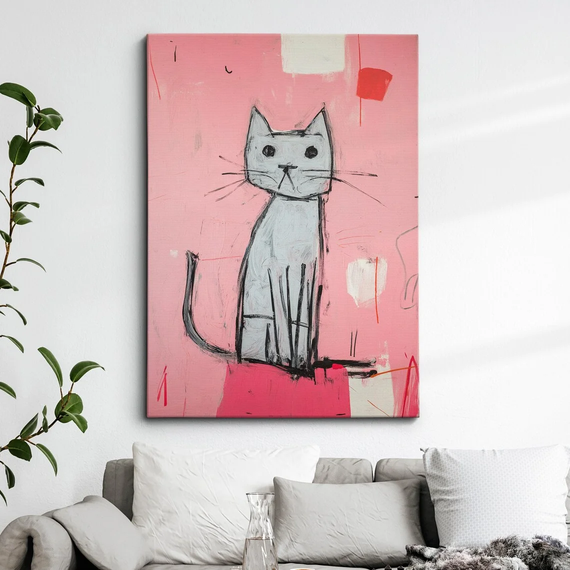Colorful Fun Cat Pink Animal Pet Cat Lover Oil Painting Wall Art Framed Canvas Poster Print Home Kitchen Living Room Decor Pet G