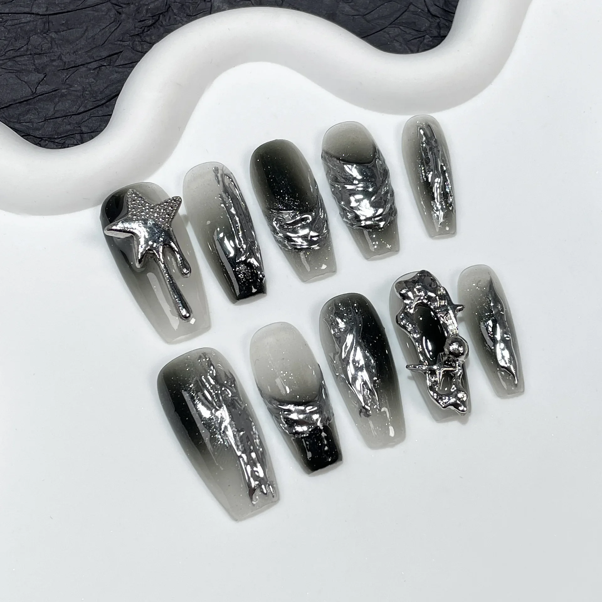 

10pcs Black Press on Nails Medium Coffin Sliver Swirl Y2k Fake Nails with Glue Acrylic False Nails Press Ons Full Cover Nail Tip