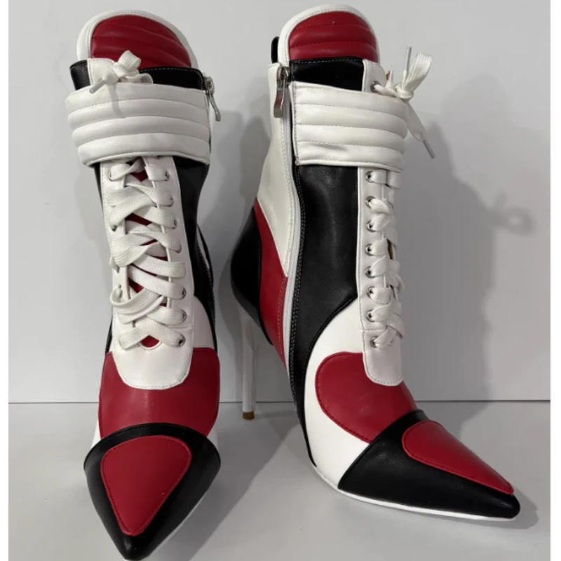 Red Black White Color Blocking Pointed Toe Stiletto Mid-Calf Boots Lace Up Side Zipper High Heel Party Boots Women's Shoes