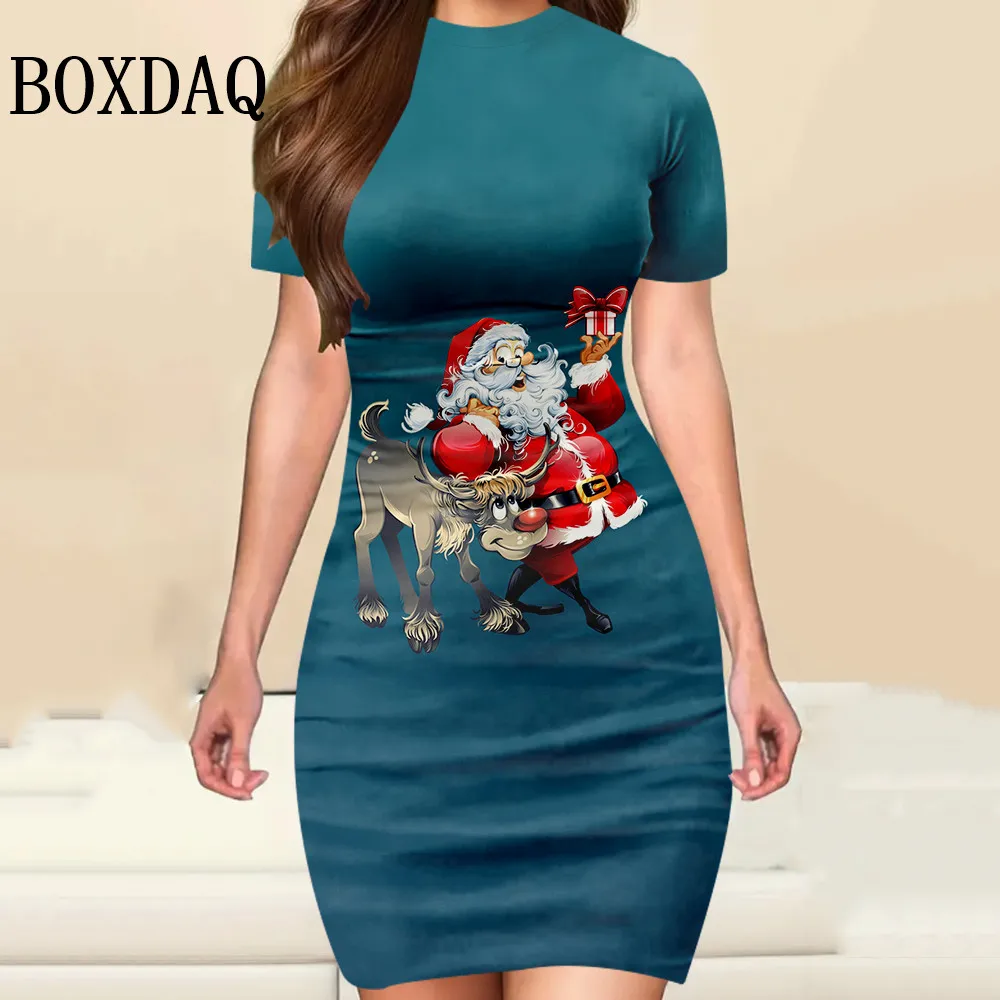 Rote Weihnachtsmann-Kleider für Frauen, 2025, Weihnachts-Elch-Druck, Partykleid, Sommer, lässiger Trend, kurze Ärmel, schlankes, figurbetontes Minikleid