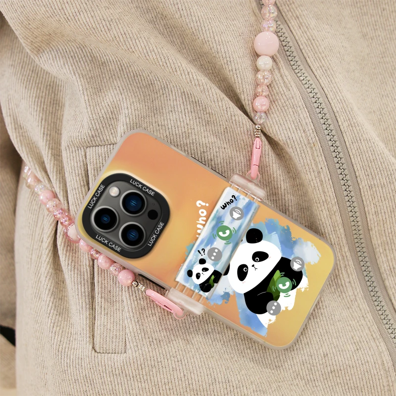 

Change of light Cute Panda Baby Phone Case For iPhone 11 12 13 14 15 Pro Max 14 15 Plus Shockproof With Lanyard Protector